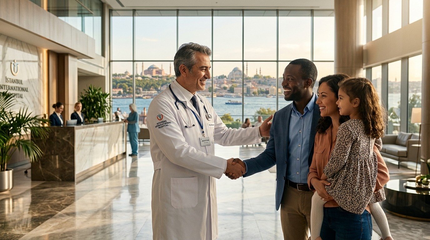 A senior Turkish doctor warmly welcoming an African patient and family at an Istanbul hospital